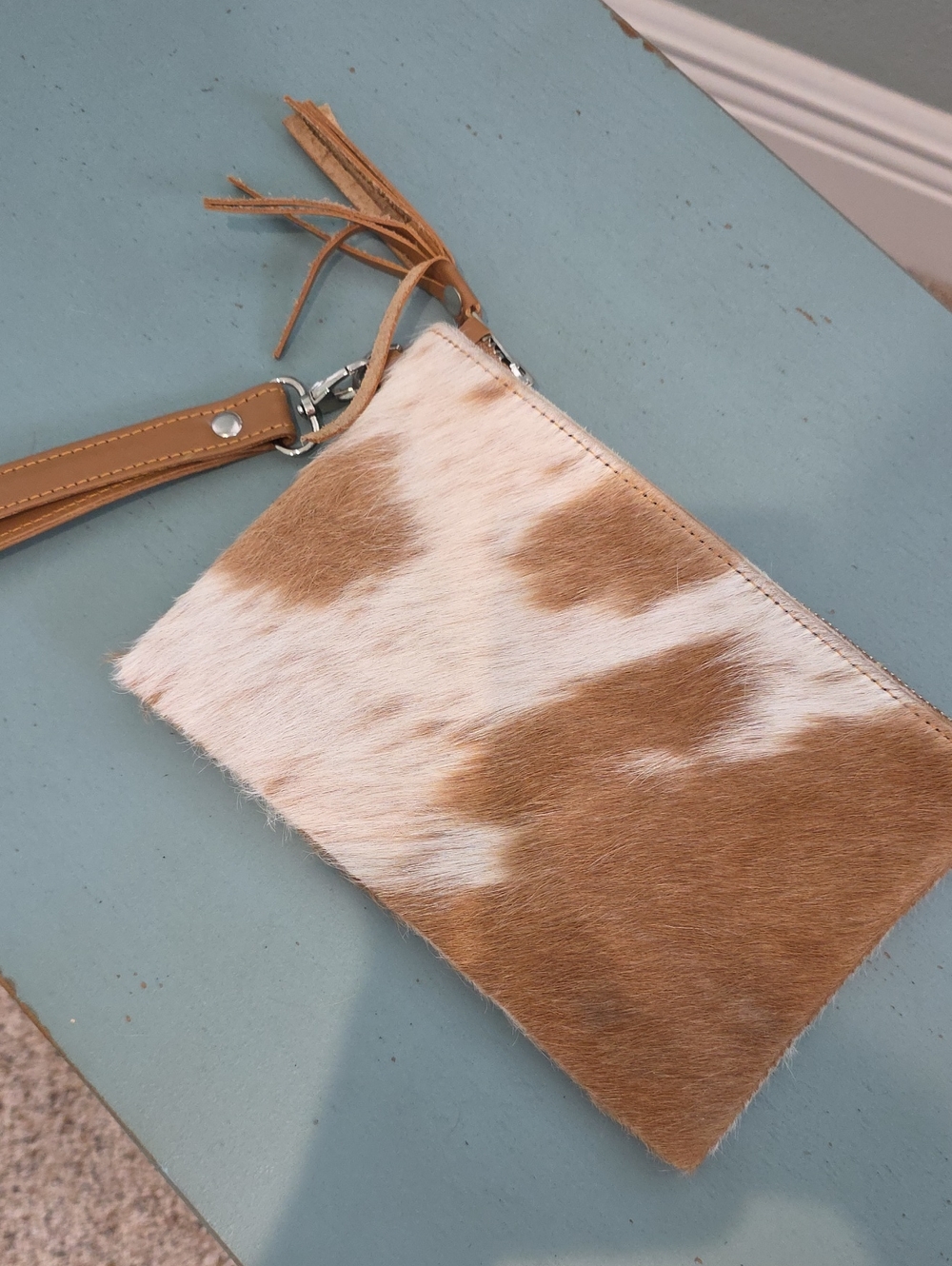 Leather-Trim Cowhide Wristlet Clutch in Brown & White